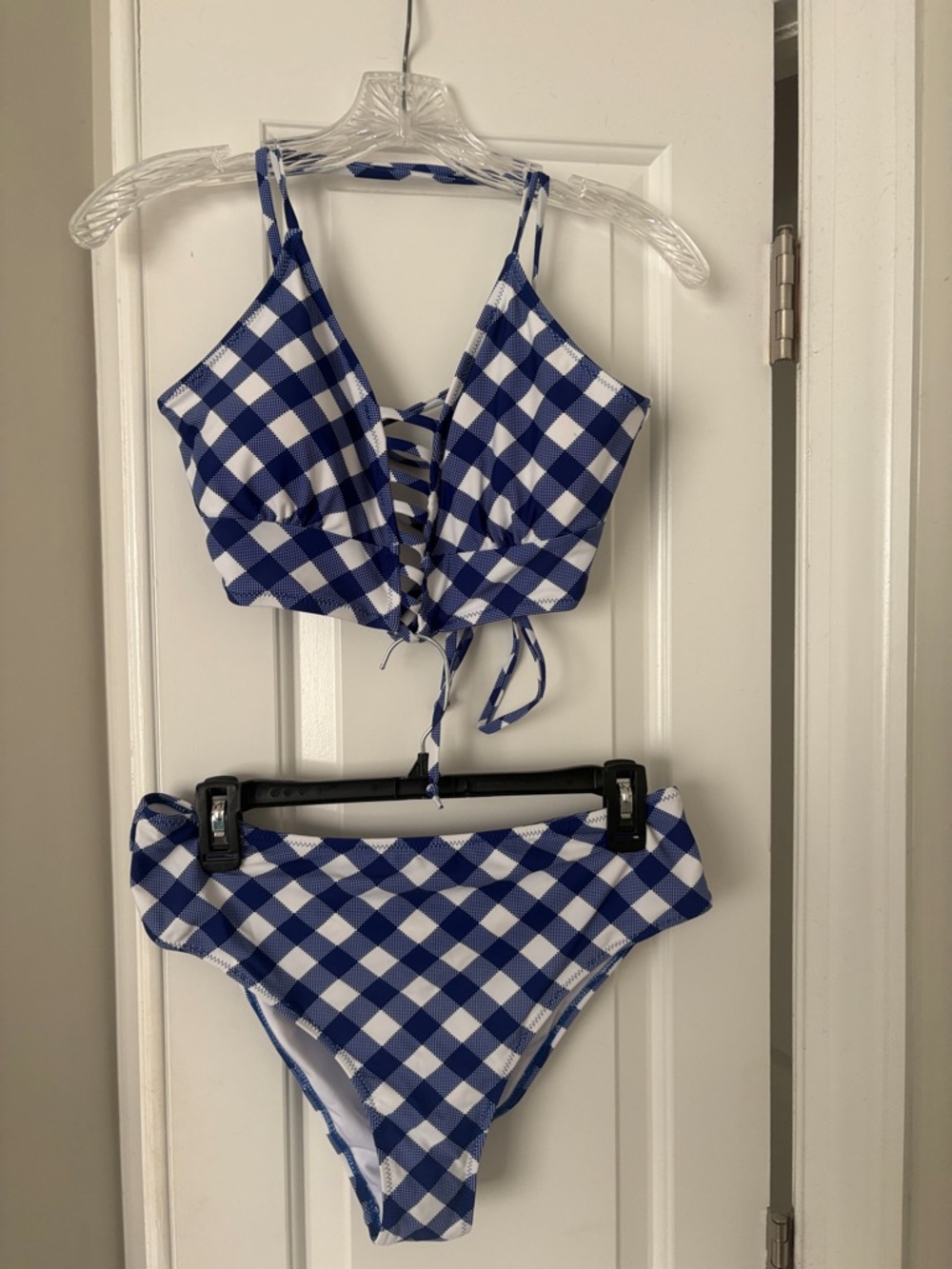 Cupshe Navy and White Gingham Lace-Up Bikini Top and Bottom Set